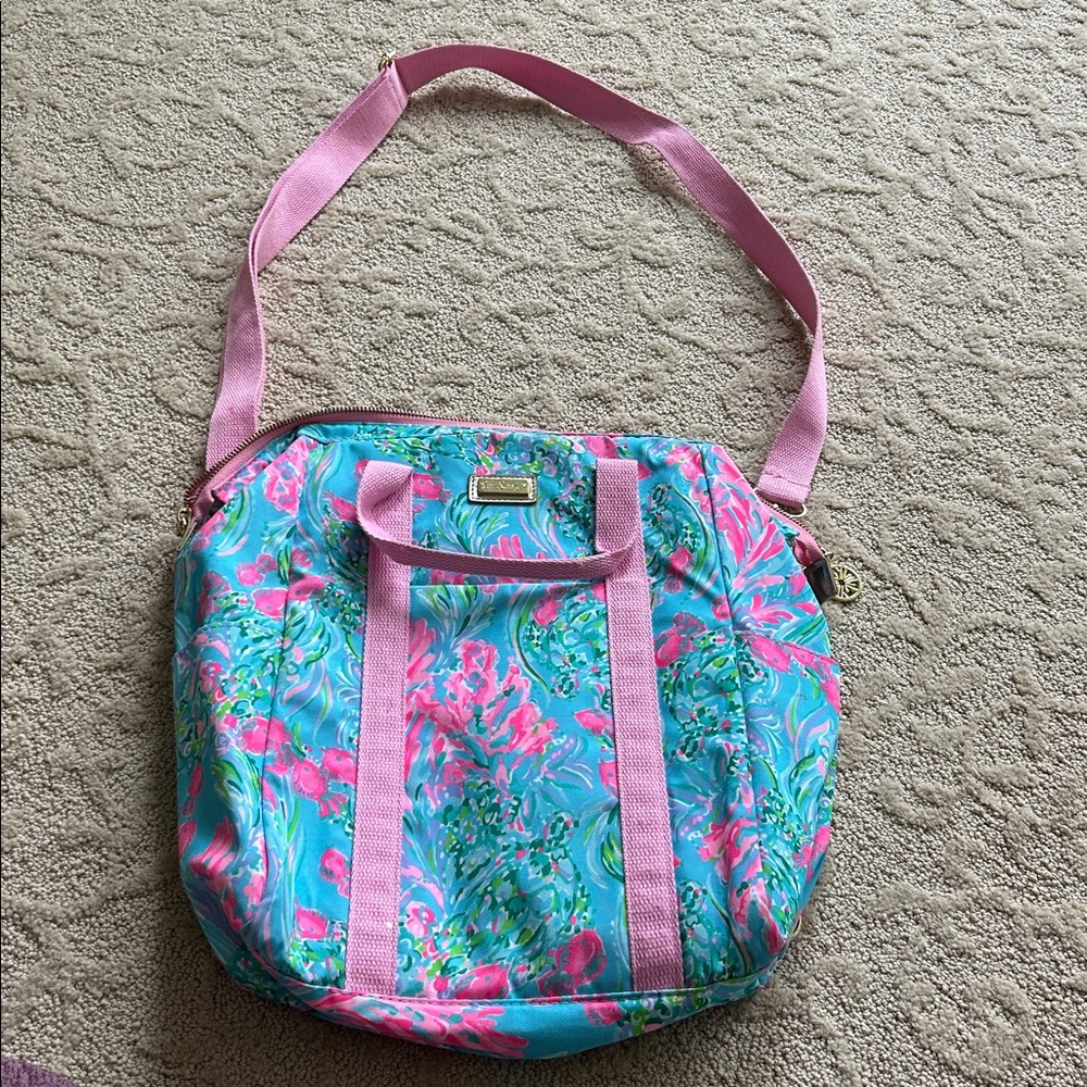 Colorful Floral Tote cooler Bag with Pink Straps